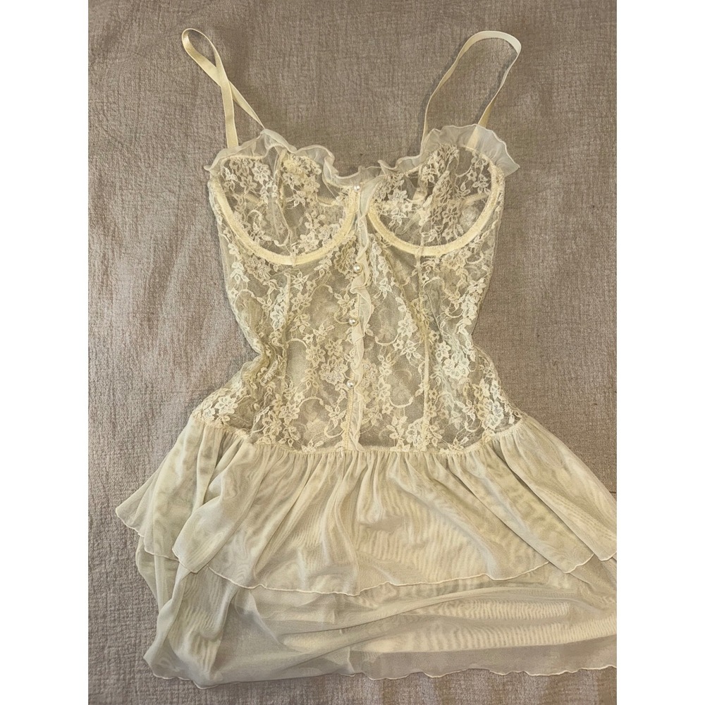 Elegant Moments Cream Lace Babydoll Lingerie Dress Pearl L Sheer Coquette Fairy